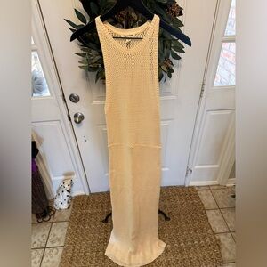 Open Edit Open Knit Crochet Sweater Dress Maxi Length Swim Coverup Cream XS